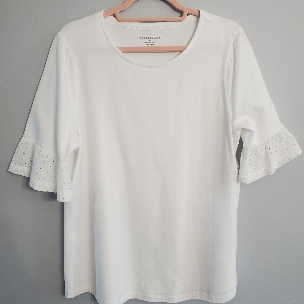 Appleseed White Eyelet Sleeve Women's Top Cottagecore Beach Feminine Ss M